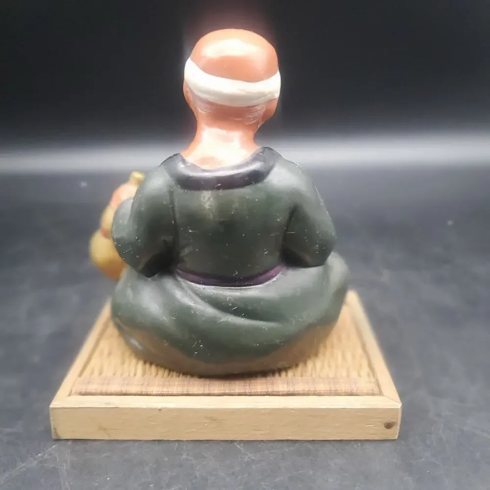 Vintage Asian Seated Man Figurine Holding Gourd Cup Woven Wood Base